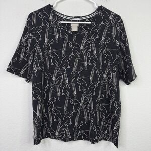 Chico's‎ Shirt Womens 2/L Black White Bird Artsy Abstract Casual Boho Minimalist